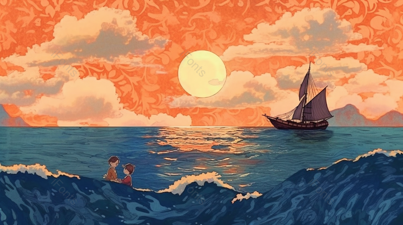 夕阳海滩日落帆船插画背景图蓝色手绘图,插画/手绘图,插画/手绘图库,插画/手绘图下载,插画/手绘